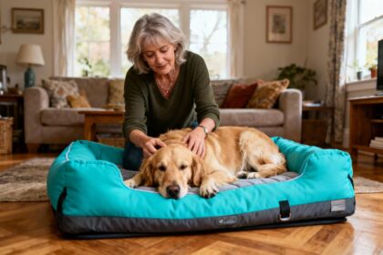Femme de 55 ans interagissant avec un golden retriever couché sur un lit orthopédique turquoise dans un intérieur lumineux