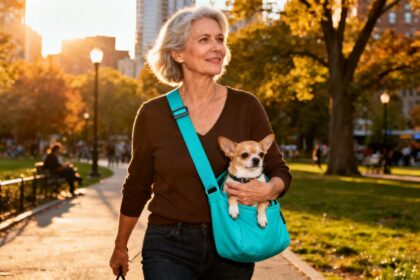 Femme de 55 ans portant un petit chien dans un sac bandoulière turquoise moderne lors d'une promenade en ville