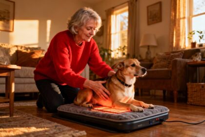 Femme en pull rouge posant délicatement son chien sur un tapis chauffant dans un intérieur chaleureux