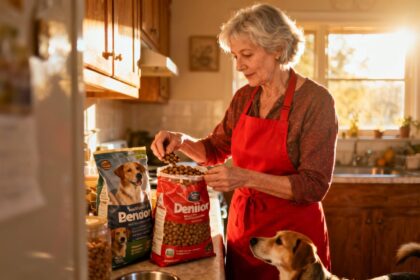 Femme de 60 ans en tablier rouge sélectionnant des croquettes pour chien senior dans une cuisine baignée de lumière naturelle