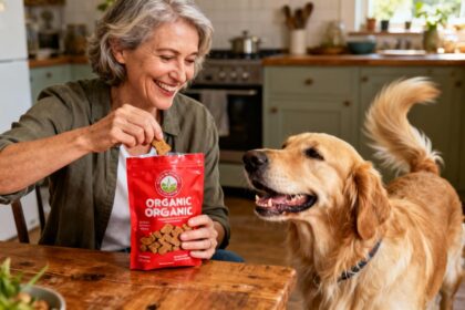 Femme souriante de 55 ans donne une friandise bio à son golden retriever dans une cuisine avec table en bois