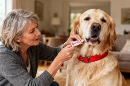 Femme de 55 ans donnant un comprimé Bravecto à un golden retriever de grande taille dans un intérieur chaleureux