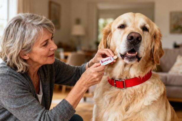 Femme de 55 ans donnant un comprimé Bravecto à un golden retriever de grande taille dans un intérieur chaleureux