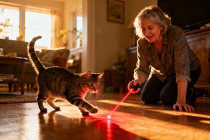 Femme de 55 ans jouant avec son chat en utilisant un jouet interactif laser rouge sur le sol