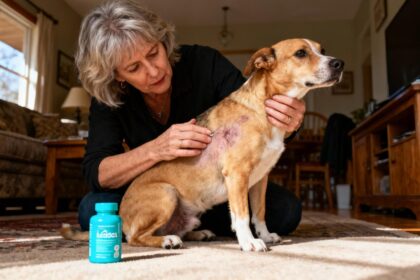 Femme de 55 ans examinant attentivement la peau de son chien près d'une bouteille de complément turquoise dans un intérieur chaleureux
