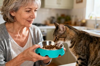 Femme de 55 ans tenant une gamelle pour chat en inox avec base silicone turquoise dans une cuisine éclairée par une lumière naturelle