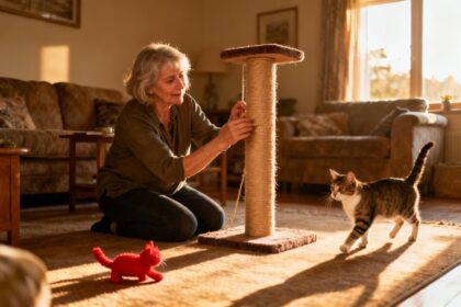 Femme européenne de 55 ans interagissant avec un griffoir pour chat dans un salon lumineux, jouet rouge à proximité