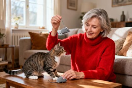 Femme de 55 ans en pull rouge jouant avec son chat utilisant une souris grise dans un salon cosy