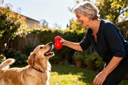 Femme de 55 ans lance un jouet rouge Kong à son golden retriever dans un jardin ensoleillé