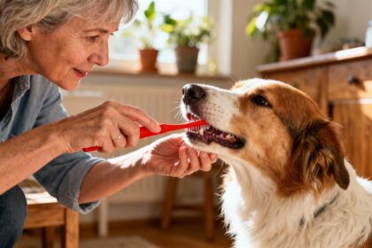 Femme de 55 ans brossant les dents de son chien avec une brosse à dents rouge dans un intérieur lumineux