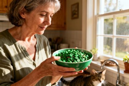 Femme de 55 ans tenant un bol de croquettes gastro pour chat dans une cuisine baignée de lumière naturelle