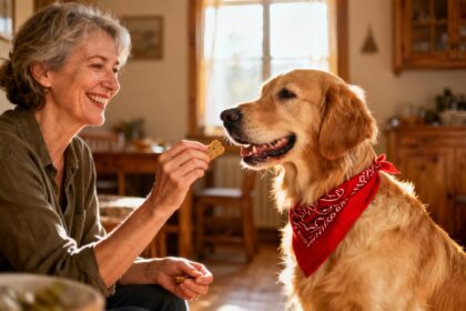 Femme de 55 ans offre une friandise naturelle à un golden retriever heureux dans un intérieur chaleureux