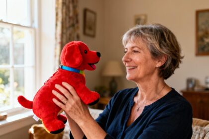 Femme de 55 ans tenant une peluche rouge vif pour chien dans un intérieur chaleureux éclairé par la lumière naturelle