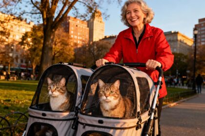 Femme de 55 ans en veste rouge poussant une poussette double avec deux chats curieux dans un parc urbain
