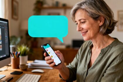 Femme de 55 ans utilisant son smartphone avec une interface de messagerie turquoise visible dans un bureau cosy