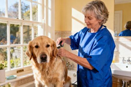Femme de 55 ans toilettant un golden retriever dans une salle de bain, portant un tablier bleu vif
