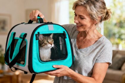 Femme souriante tenant une caisse de transport moderne pour chat avec accents turquoise, chat regardant à travers la fenêtre en mesh