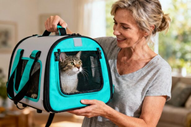 Femme souriante tenant une caisse de transport moderne pour chat avec accents turquoise, chat regardant à travers la fenêtre en mesh