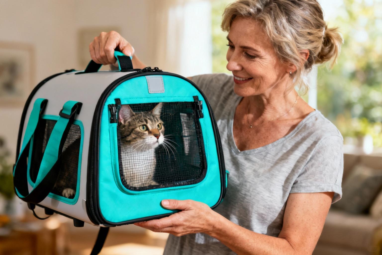 Femme souriante tenant une caisse de transport moderne pour chat avec accents turquoise, chat regardant à travers la fenêtre en mesh