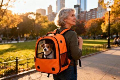 Femme de 55 ans transportant un petit chien dans un sac à dos orange avec fenêtre en mesh, dans un parc urbain