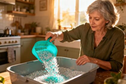 Femme de 55 ans versant délicatement des cristaux de silice dans une litière propre, avec une pelle turquoise