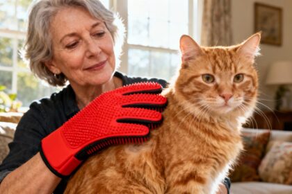 Femme caressant un chat roux avec un gant brosse rouge dans un salon lumineux