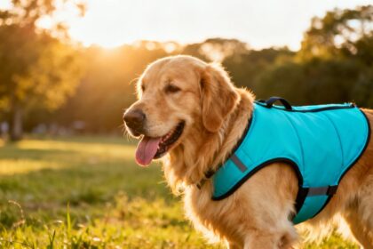 Golden retriever avec un gilet rafraîchissant turquoise sous le soleil d'été, légèrement essoufflé