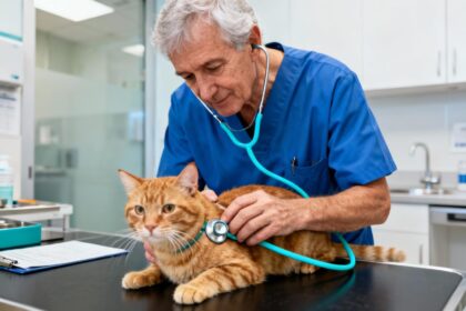 Vétérinaire européen de 55 ans examinant un chat gingembre avec un stéthoscope turquoise dans une clinique moderne