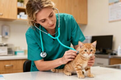 Femme vétérinaire européenne examinant un chaton gingembre en bonne santé avec un stéthoscope turquoise dans une clinique vétérinaire