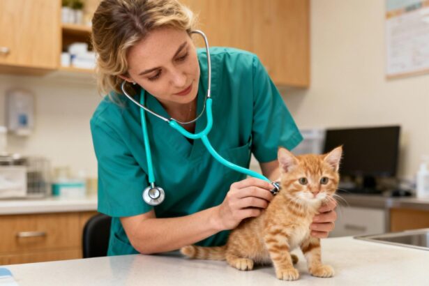 Femme vétérinaire européenne examinant un chaton gingembre en bonne santé avec un stéthoscope turquoise dans une clinique vétérinaire