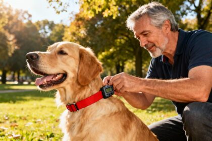 Homme de 55 ans fixant un collier GPS rouge vif sur un golden retriever dans un parc ensoleillé