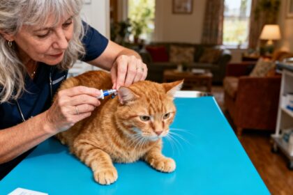Femme de 50 ans appliquant soigneusement une pipette Frontline sur son chat tabby orange, sur une table vétérinaire bleue