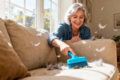 Femme de 50 ans utilise une brosse bleue vibrante pour enlever les poils de chat sur un sofa beige