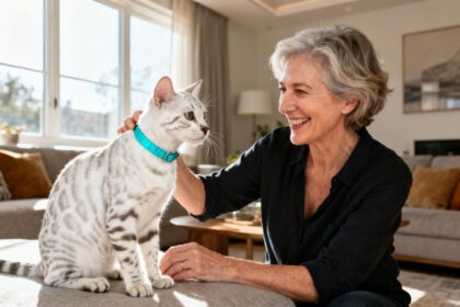 Femme de 55 ans souriante caressant un rare chat du bengal blanc avec collier turquoise dans un salon lumineux