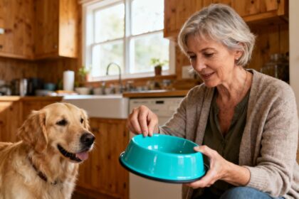 Femme de 55 ans sélectionnant une gamelle turquoise anti-glouton pour son golden retriever dans une cuisine