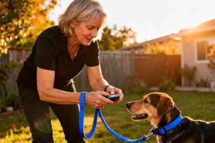 Femme de 55 ans ajustant un collier anti-aboiement sur son chien dans un jardin, laisse bleue vibrante