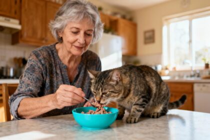 Femme âgée nourrissant un chat senior avec une pâtée spéciale dans un bol turquoise, lumière naturelle dans la cuisine
