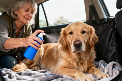 Femme de 55 ans vaporisant un spray relaxant pour chien sur une couverture à côté d'un golden retriever détendu dans une voiture