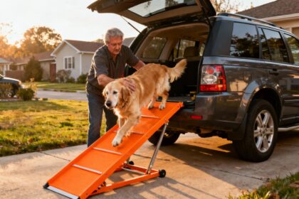 Homme de 55 ans aidant son golden retriever senior à monter une rampe orange pour accéder à son SUV