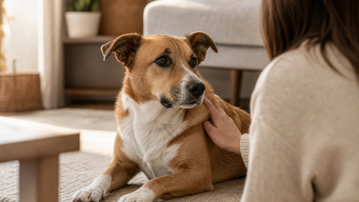 Chien rassuré par une main apaisante dans une maison calme