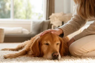 Chien calme accompagné par son propriétaire dans un intérieur lumineux